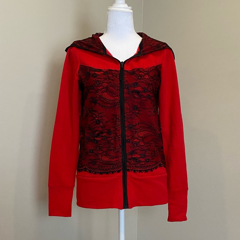 Red Zip-up Hoodie with Black Lace Details and Thumb Holes